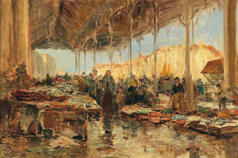 Genre scene of a fish market in Venice by Olga Wisinger-Florian, oil painting