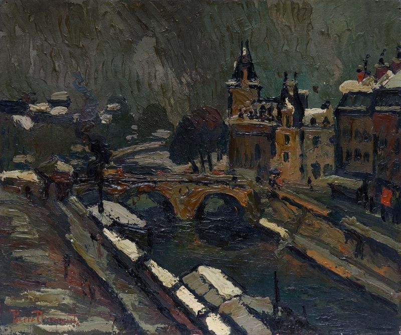 Paisaje invernal de Pierre Dumont, óleo sobre lienzo, con calles cubiertas de nieve y luz suave.