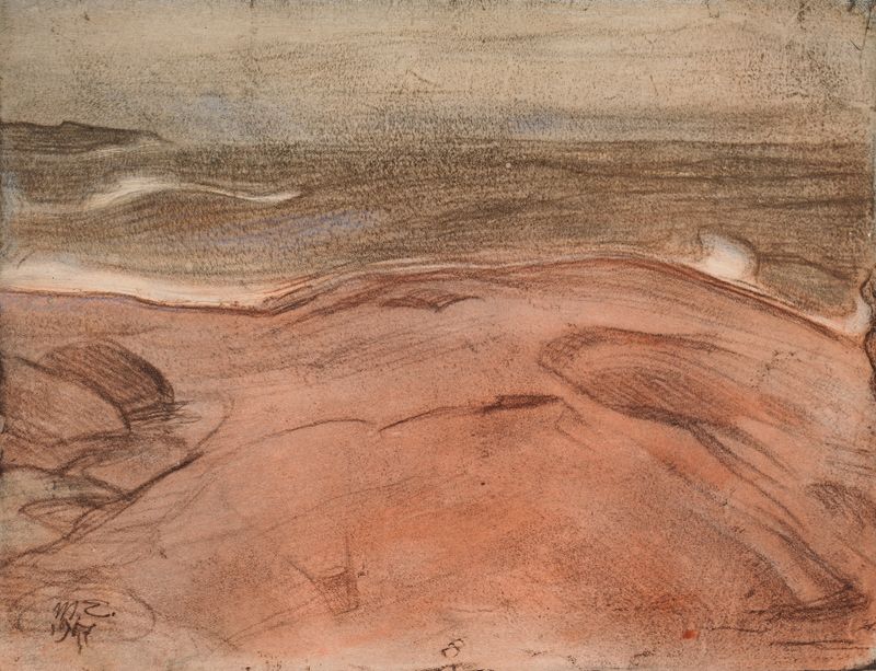 Seaside View de Magnus Enckell, óleo sobre tela que retrata uma cena marinha vibrante.