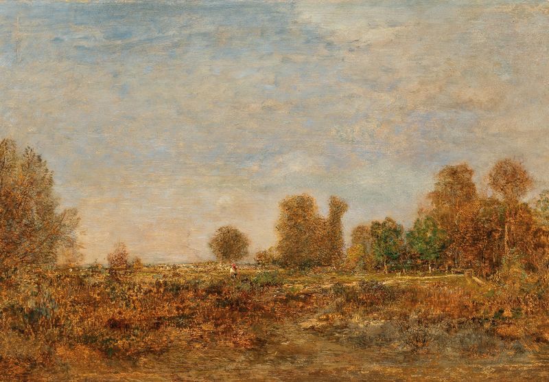 Landschaft, Lundenburg by Emil Jakob Schindler, oil on canvas depicting a serene landscape at twilight.