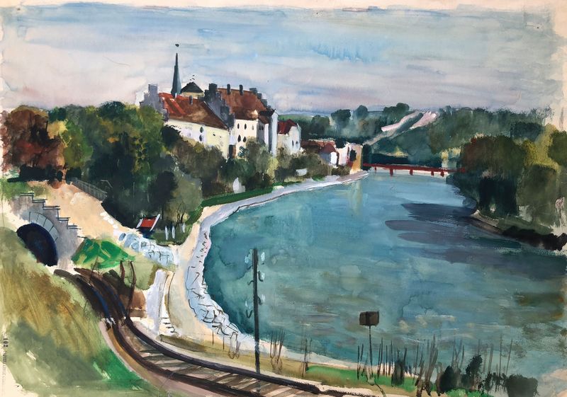 Óleo sobre tela de Otto Geigenberger retratando Wasserburg am Inn com um túnel ferroviário