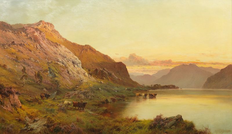 Landscape with mountains and hills, oil painting by Alfred de Bréanski