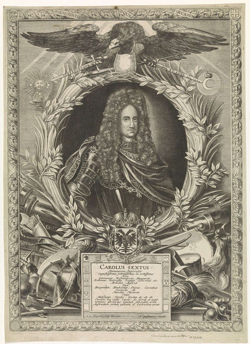 Grabado de Karel VI por Jan Baptist Jongelinx, con luz y sombra en su rostro.