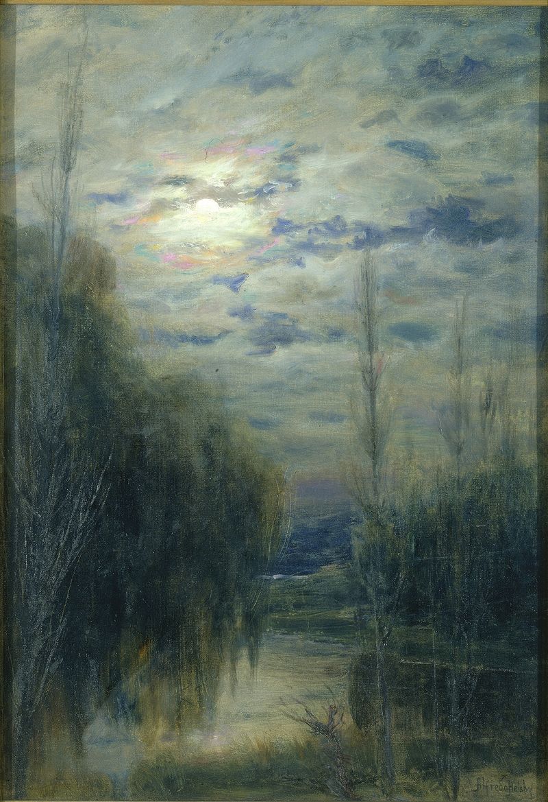 Full Moon, Limache, Chile de Alfredo Helsby, óleo sobre lienzo que muestra un paisaje tranquilo bajo una luna llena.