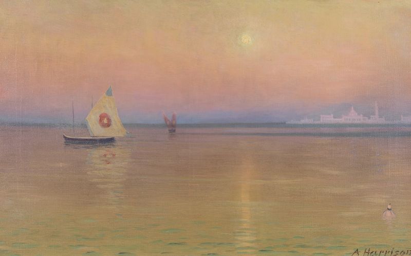 Bragozzos in calm waters, oil on canvas by Thomas Alexander Harrison