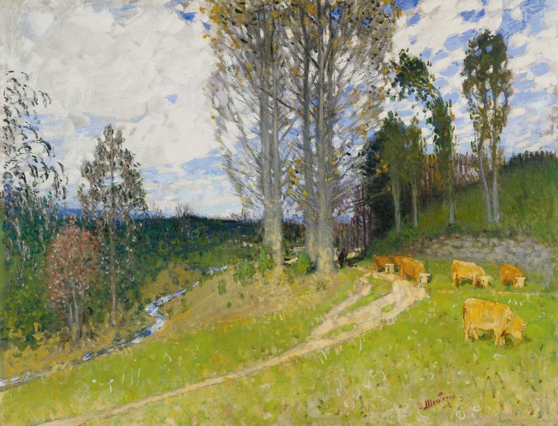 La Montée Au Pâturage by Pierre-Eugène Montézin, oil on canvas depicting hills and sunlight.