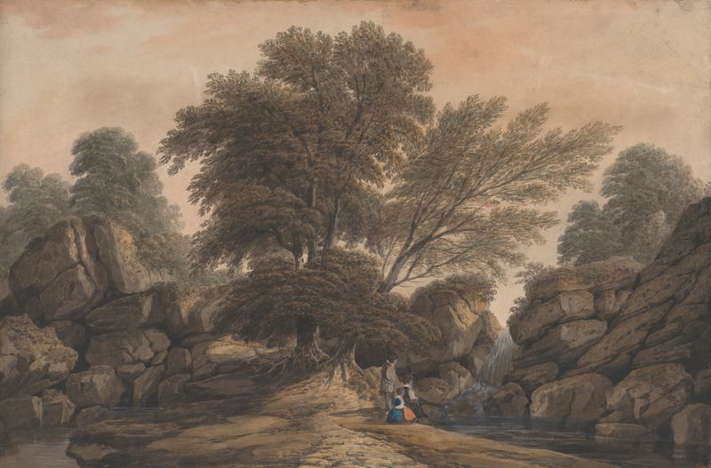 Figures Beside a Waterfall and Pool in a Wooded Landscape de John Varley, pintura al óleo