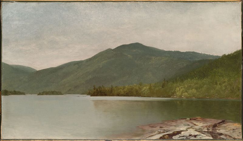 Mountain and Lake (Lake George) de John Frederick Kensett, óleo sobre tela representando uma paisagem serena.