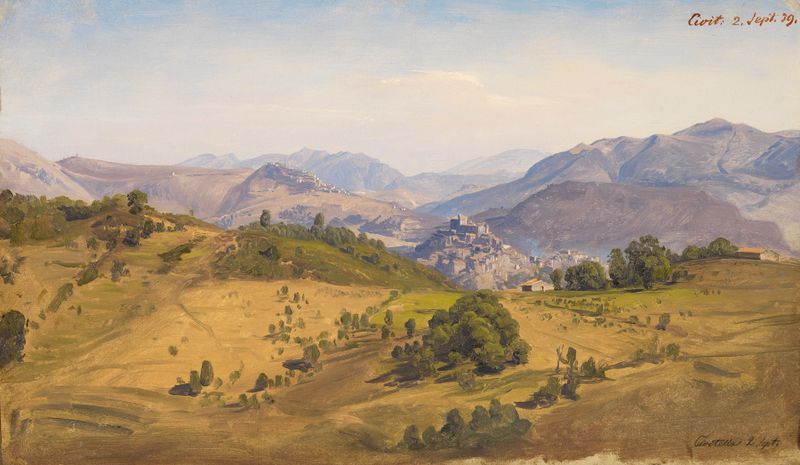 Paisagem de Johann Wilhelm Schirmer, óleo sobre tela, apresentando colinas e árvores sob luz dourada.