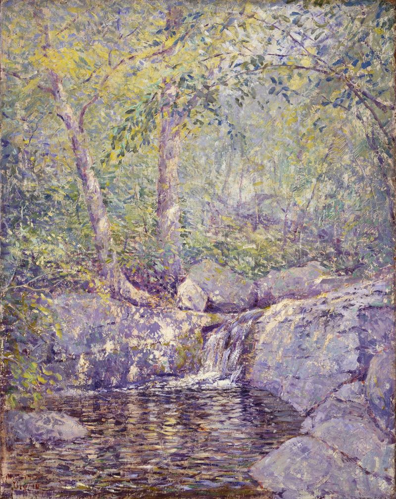The Waterfall by Addison Thomas Millar, Impressionism, depicting a serene landscape with flowing water and greenery.