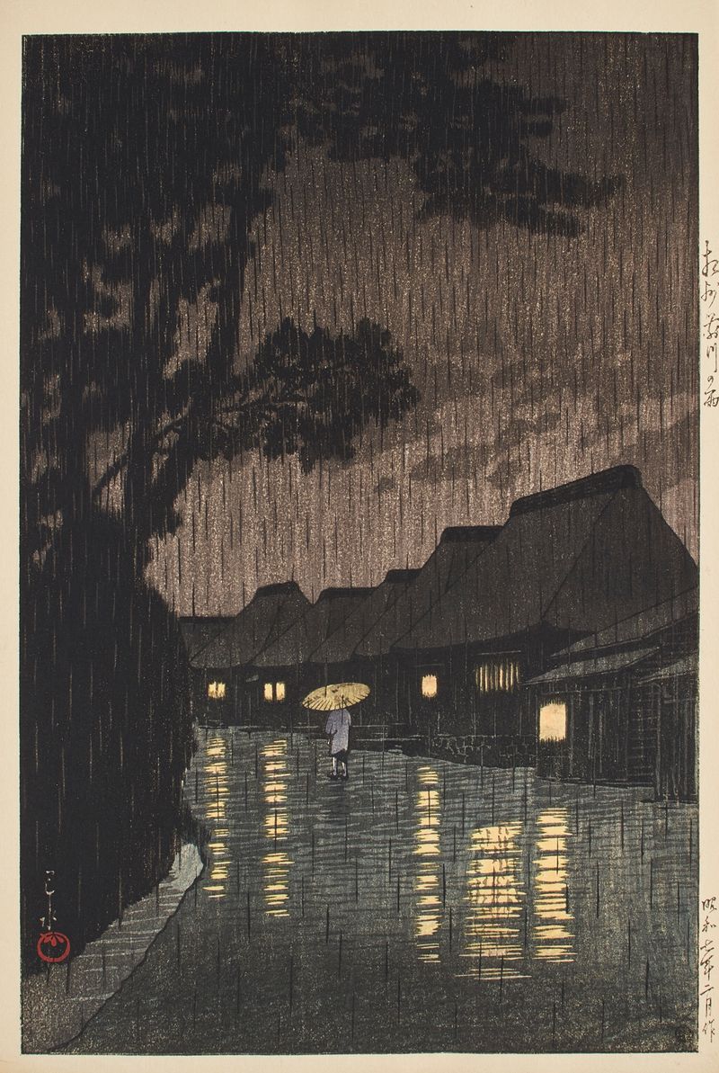 Grabado en madera de Kawase Hasui que representa un pueblo bajo la lluvia en Maekawa, provincia de Sagami.