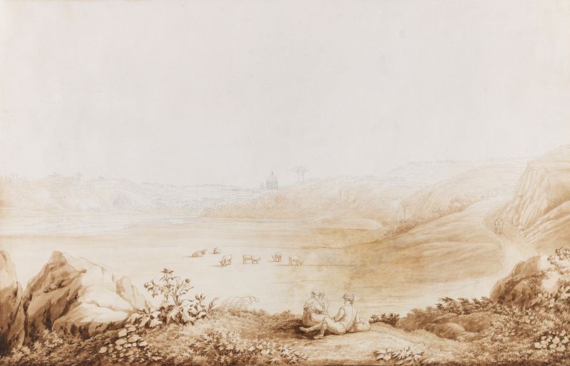 Paisagem com colinas onduladas e flores silvestres, óleo sobre tela de Jacob Philipp Hackert