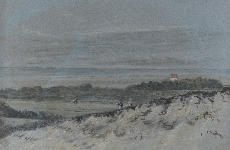 Seashore with Sand Dunes by Dr. Thomas Monro, oil painting of soft dunes and sunlight.