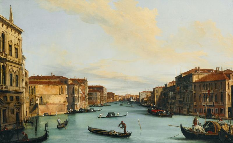 Venice Canal Grande by Giuseppe Bernardino Bison, oil on canvas depicting tranquil water reflections.