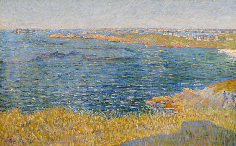 Saint-Briac. La Pomelière de Paul Signac, óleo sobre tela que retrata uma casa costeira e uma paisagem serena.