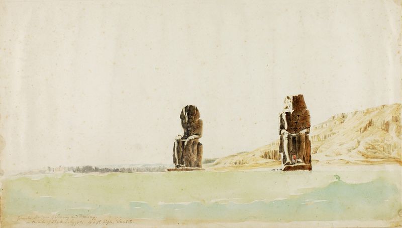 Estatuas en Memnón, Tebas de Miner Kilbourne Kellogg, óleo sobre lienzo que representa ruinas antiguas