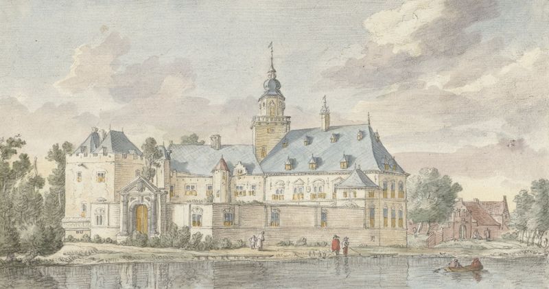 Gezicht op kasteel Nijenrode by Herman Saftleven, oil painting of a castle against a colorful sky.