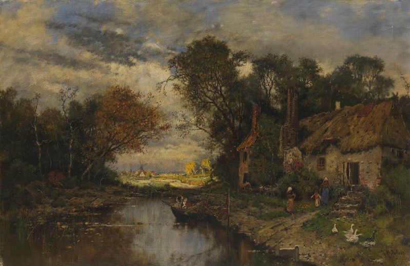 Idyll am Kanal by Karl Heffner, oil on canvas depicting a serene canal at dawn