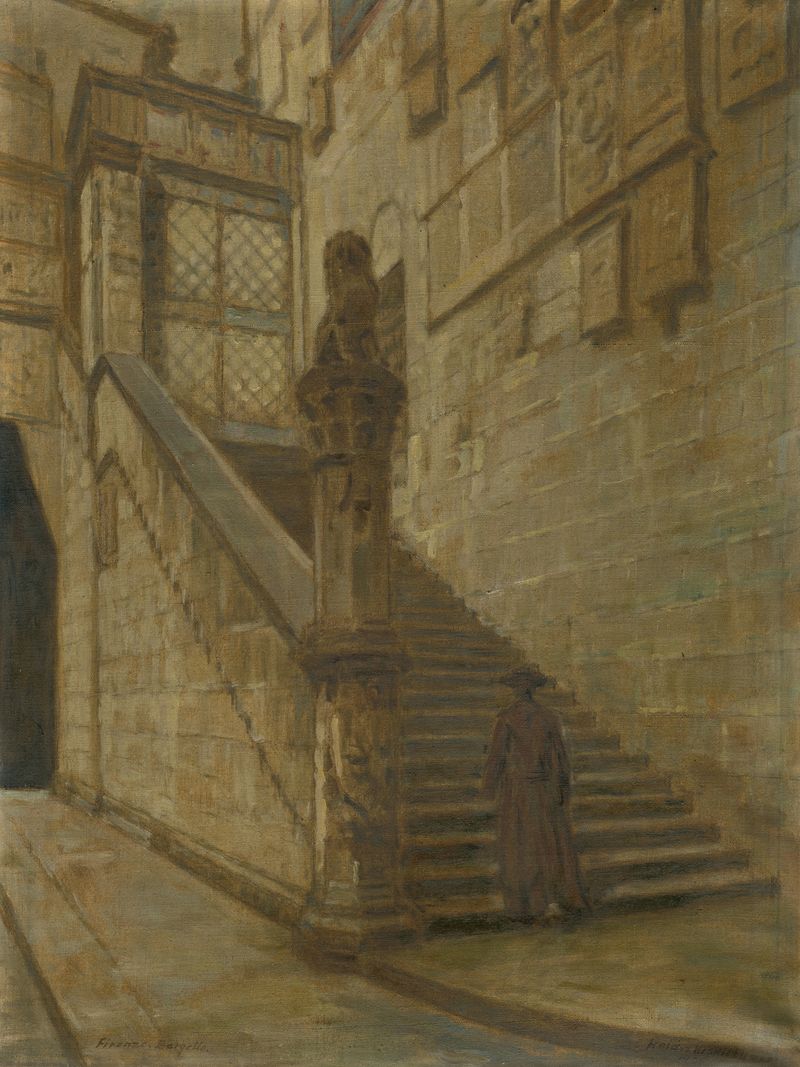 Florencia by Elemír Halász-Hradil, oil on canvas, features swirling blue and green hues.