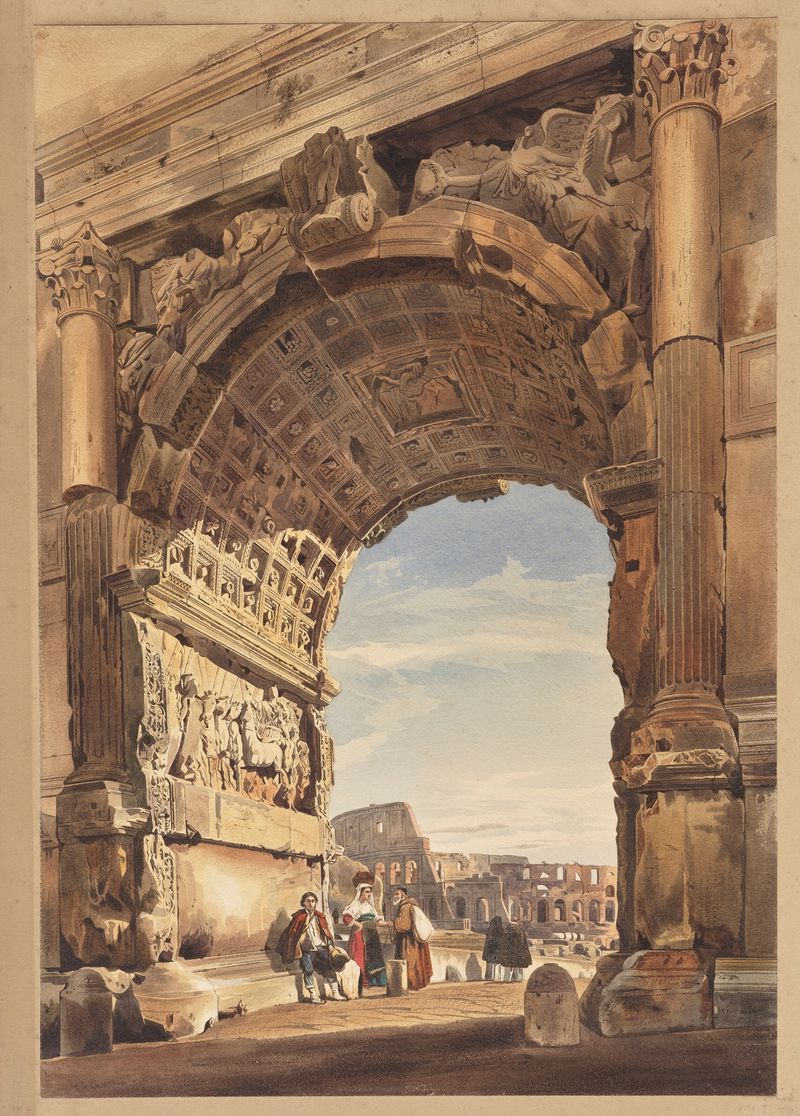 Engraving by Thomas Hartley Cromek depicting the Arch of Titus and Colosseum, Rome