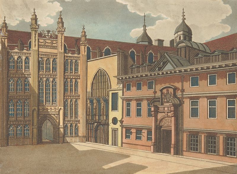 Guildhall by Samuel Ireland, oil painting depicting a detailed guildhall in warm ochre and gold tones.