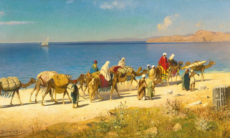 Caravan Along The Coast by Edmund Berninger, oil on canvas depicting figures on a rugged coastline.