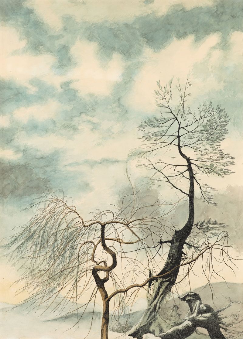 Expressionism landscape by Léon Spilliaert, featuring barren trees against a muted sky, 1942