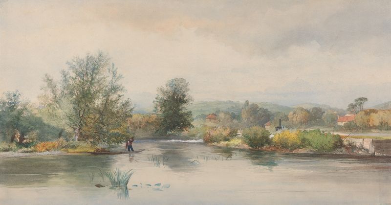 Paisagem de um rio com reflexos, de Jonathan Needham, pintura a óleo