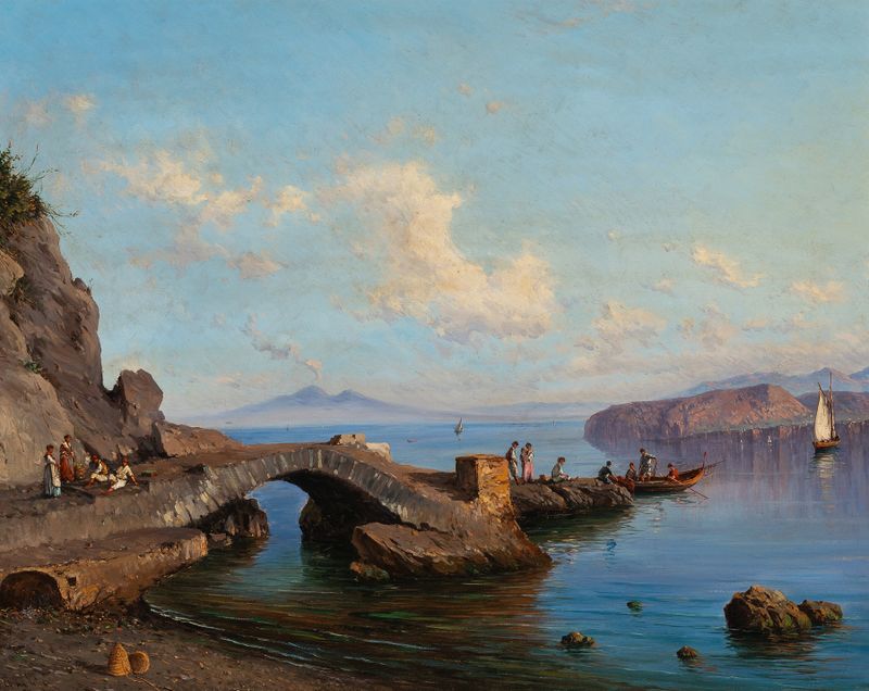 Sorrento landscape with fishermen, pintura a óleo de Alessandro La Volpe