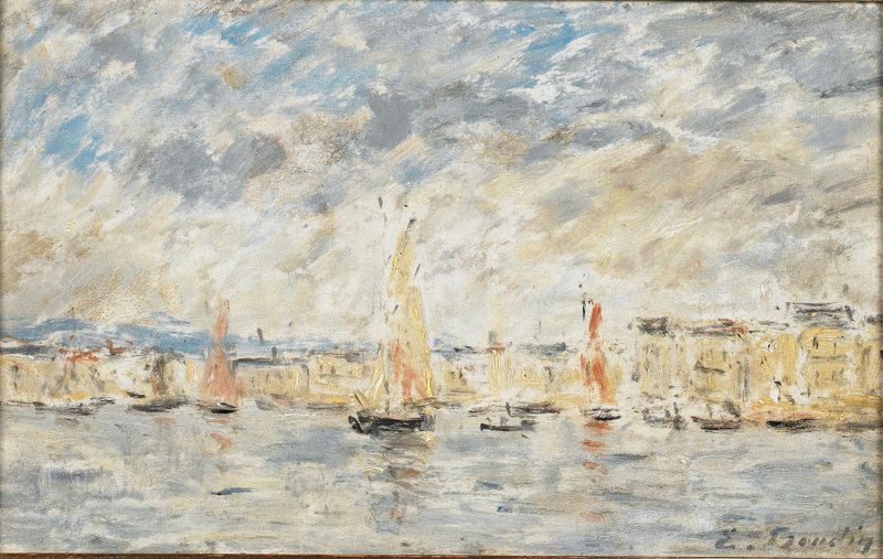 Honfleur, le port por Eugène Boudin, pintura a óleo mostrando barcos e reflexos em um porto