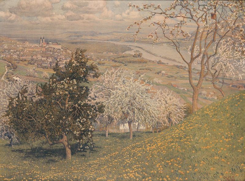 Frühling by Gustav Jahn, oil on canvas depicting a vibrant garden with flowers.
