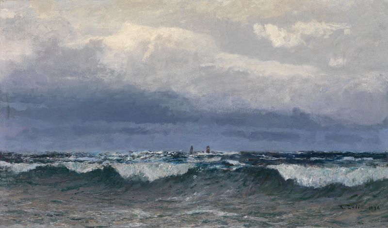 Cena marinha com barcos e ondas, pintura a óleo de Alfred Zoff