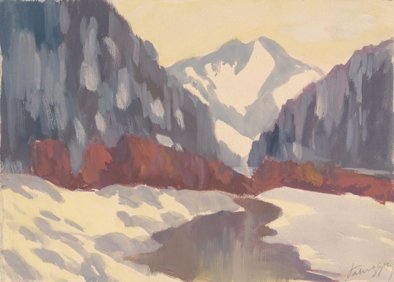 Brook in the Winter by Zolo Palugyay, impressionism, depicting a winter landscape with flowing water.