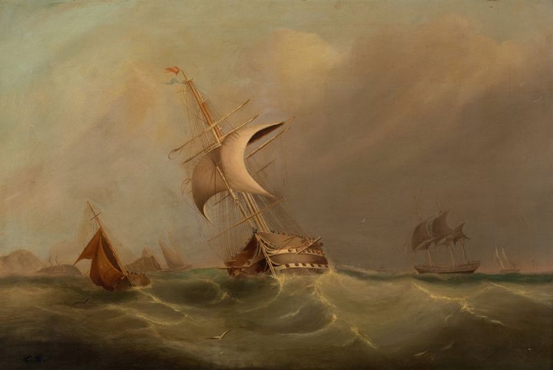 Marine scene with ships and sunset, oil painting by English School