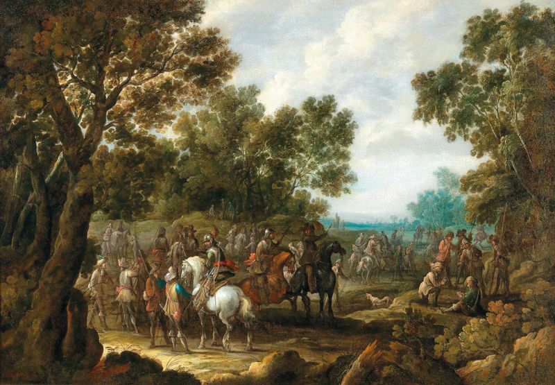 Paisaje boscoso con soldados descansando, óleo sobre lienzo de Palamedes Palamedesz