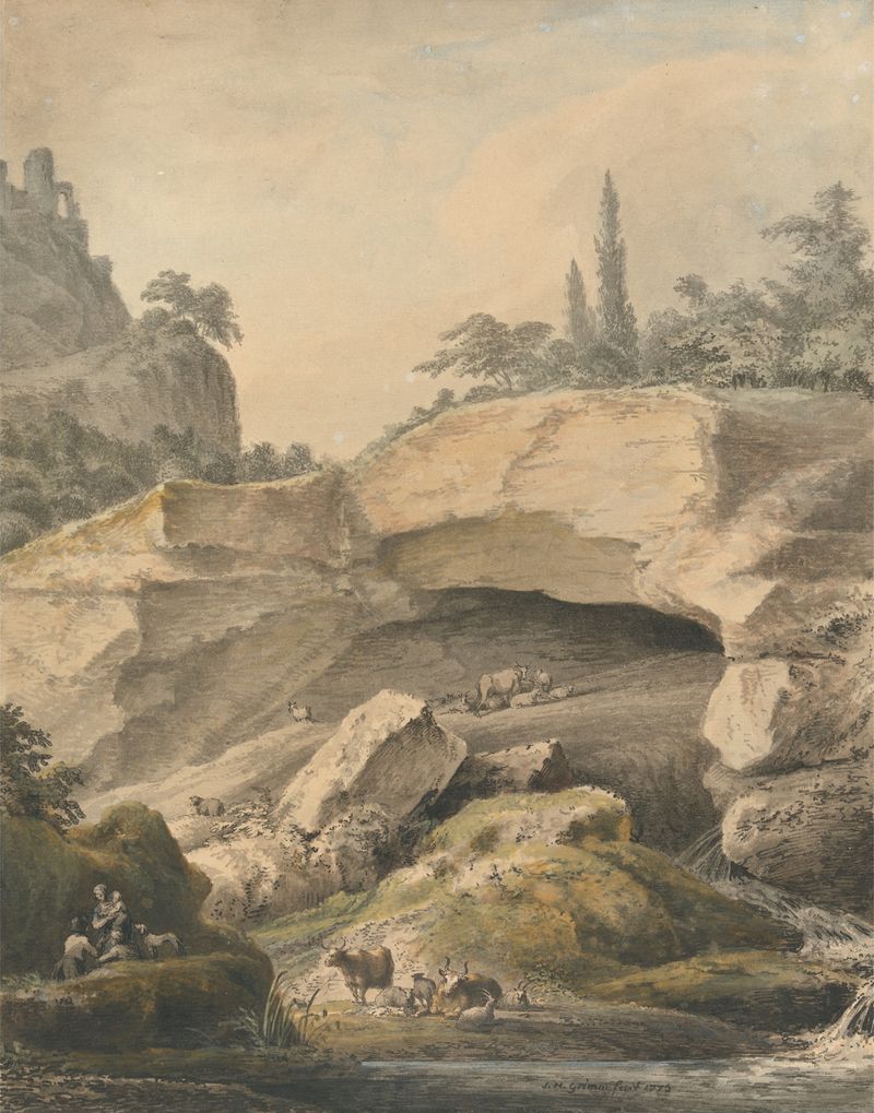 Rocky landscape with peasants and cattle, oil painting by Samuel Hieronymus Grimm