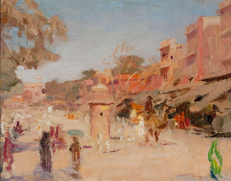 Cena de gênero mostrando uma rua movimentada de Jaipur por Jan Ciągliński