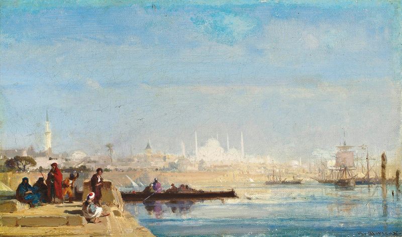 Genre scene of Turks waiting at a quay on the Bosphorus by Henri Duvieux
