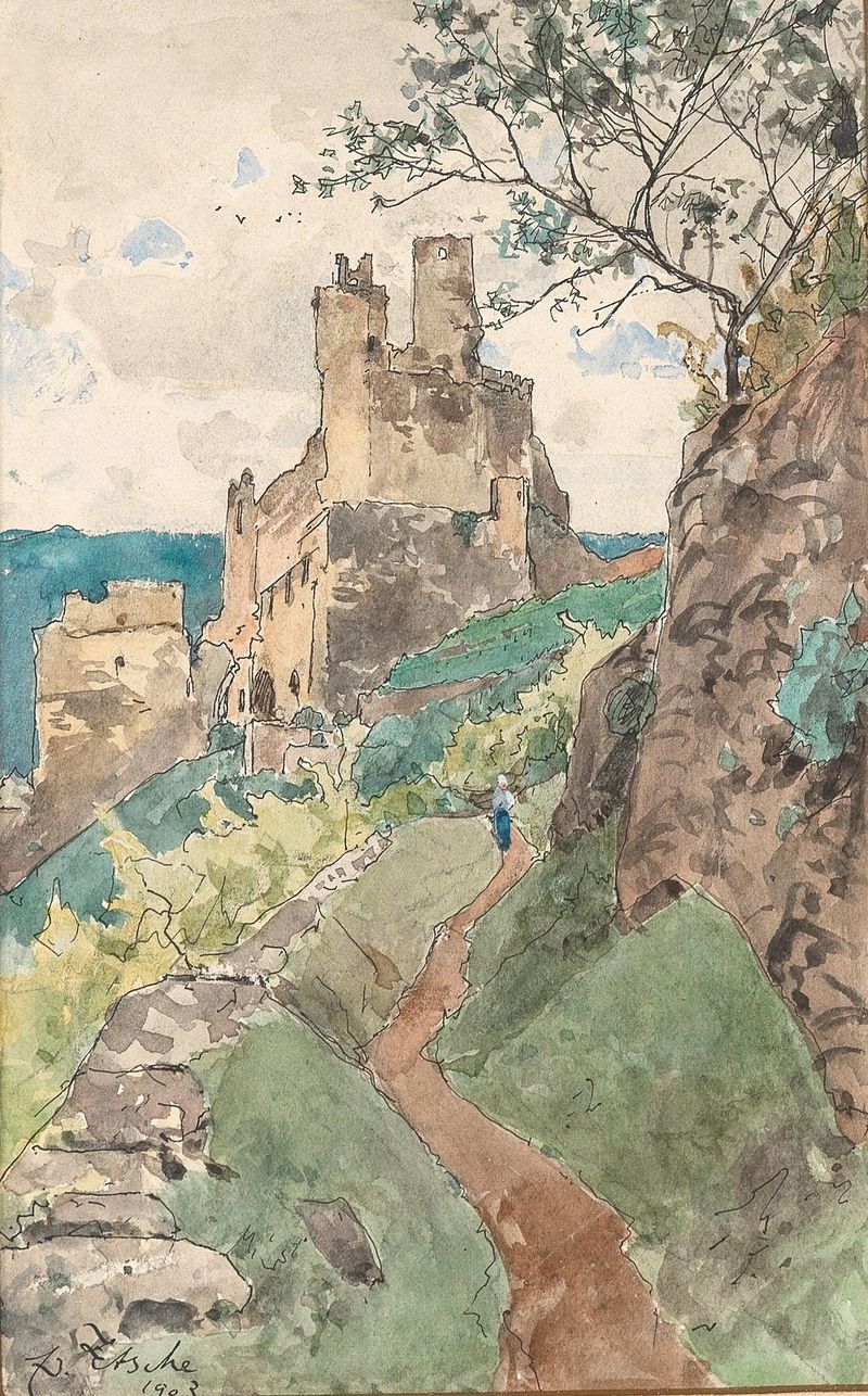 Landscape oil painting by Eduard Zetsche depicting ruins and earth tones
