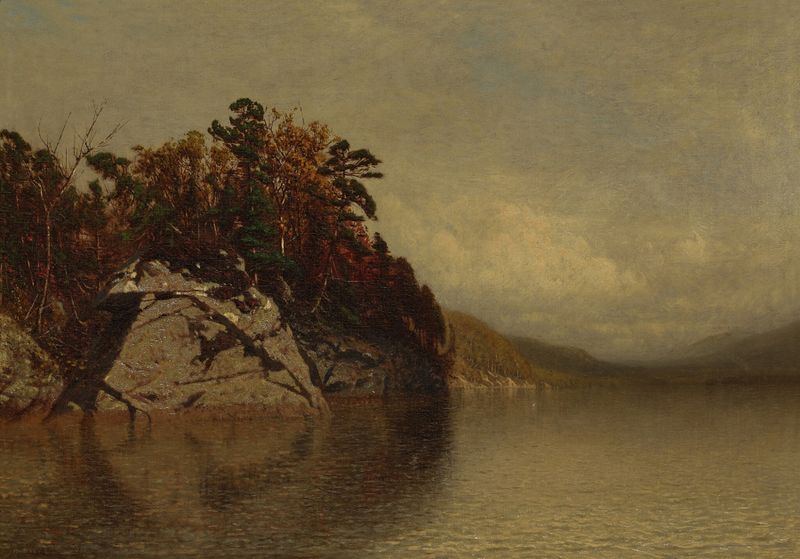 Lake Scene by Alexander Helwig Wyant, oil painting depicting a serene lake with reflections.