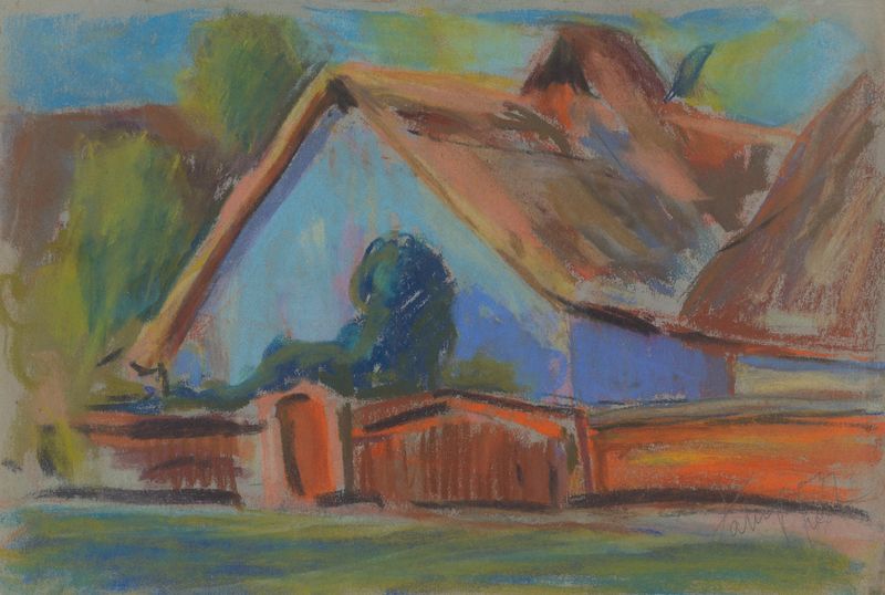 Blue Village Cottage de Zolo Palugyay, pintura al óleo que representa una cabaña en un paisaje rural.