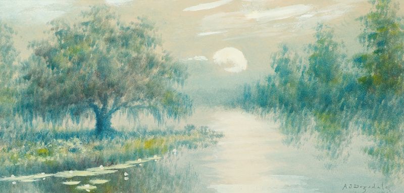 Marsh Landscape de Alexander John Drysdale, pintura a óleo que retrata um pântano sereno sob um céu colorido.