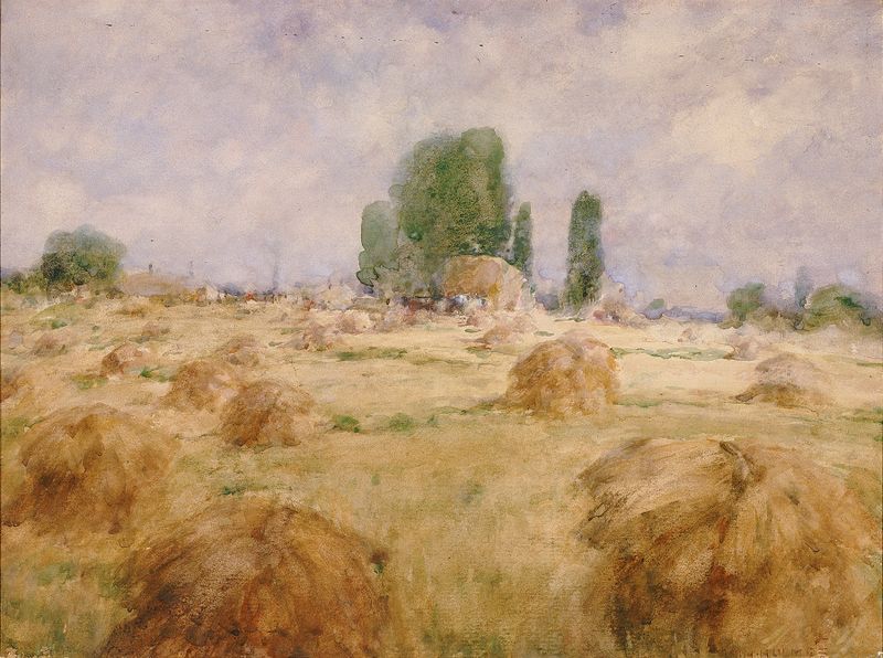 Campo de Trigo Shock de William Henry Holmes, óleo sobre lienzo que representa trigo dorado bajo un cielo azul.