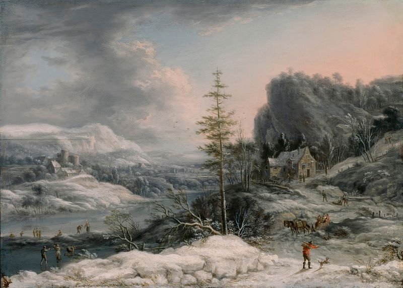 A Winter Scene by Jan Griffier, oil on canvas depicting figures ice skating in a snowy landscape