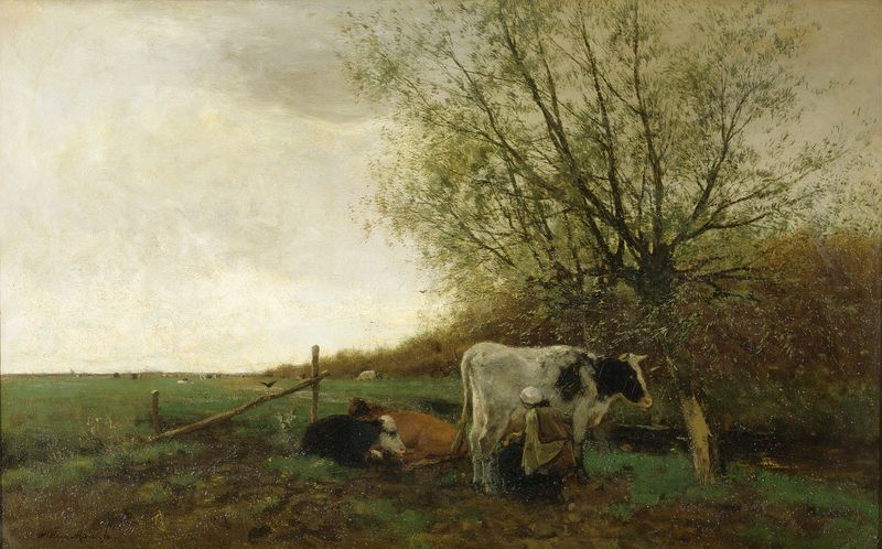 Oil painting by Willem Maris depicting a dairy cow being milked in morning light.