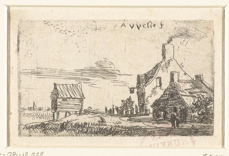 Landschap met een rijtuig bij een herberg by Adriaen van de Velde, etching depicting a carriage near an inn.