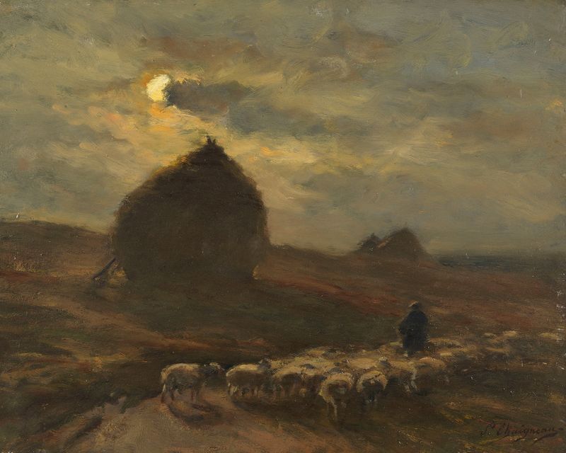 Flock of sheep and shepherd by moonlight, óleo sobre tela de Jean Ferdinand Chaigneau