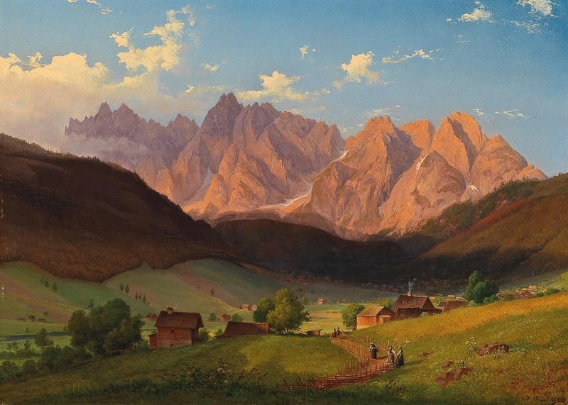Landscape of Triglav in Slovenia by Josef Feid, oil painting depicting mountains and a turbulent sky.