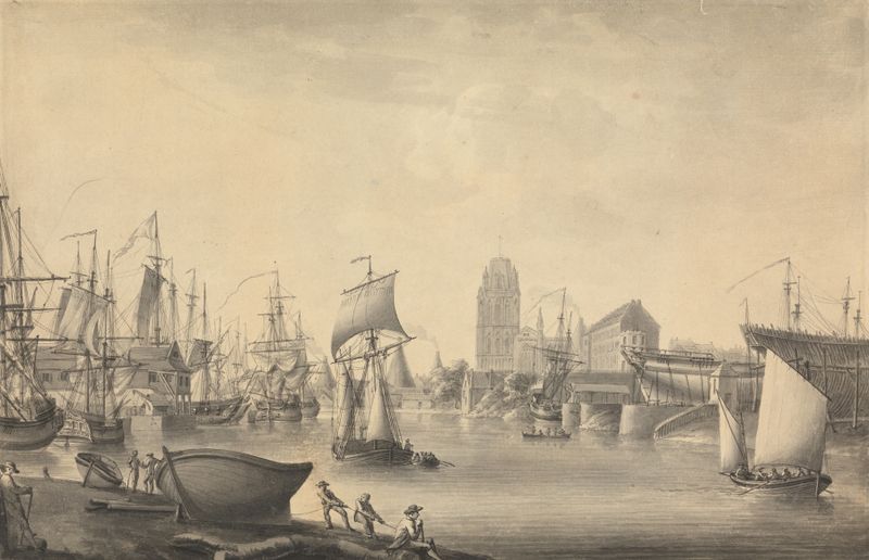 Marine scene with ships on a waterway, oil painting by Nicholas Pocock