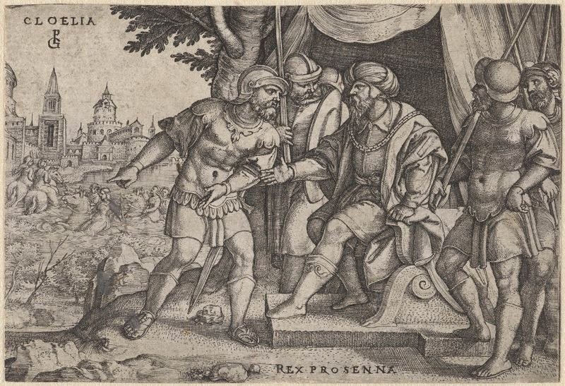 Gravura de Georg Pencz retratando a fuga de Cloelia com um olhar determinado.
